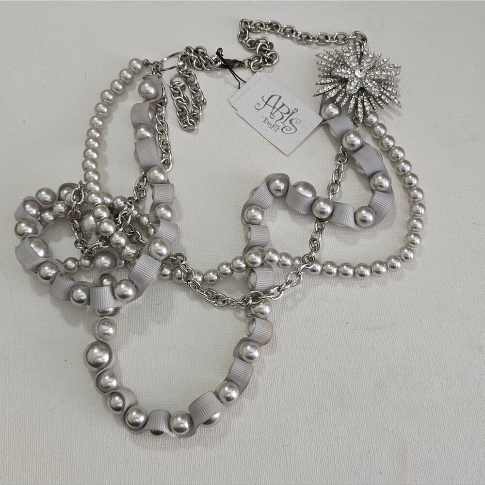 Treska Multi Strand Layered Faux Pearl Chain and Crystal Starburst Necklace New!